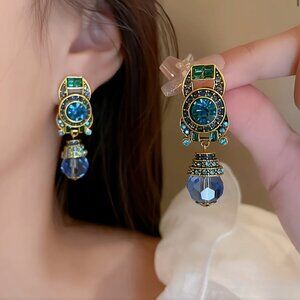NEW Marcella Blue and Green Rococo Ornate Jeweled Drop Earrings